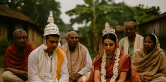 গ্রামীণ পরিবেশে হিন্দু বিবাহের অগ্নিসাক্ষী রীতিতে বর-কনের বসা, চারপাশে বয়স্ক আত্মীয়দের উপস্থিতি